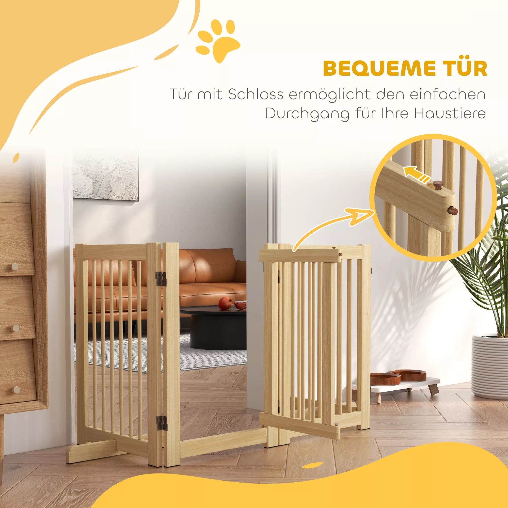 Laisvai statomi šunų aptvarai, 4 skydeliai, lankstūs, pušies mediena, 204 ilgis x 36 plotis x 75 aukštis cm, natūrali mediena