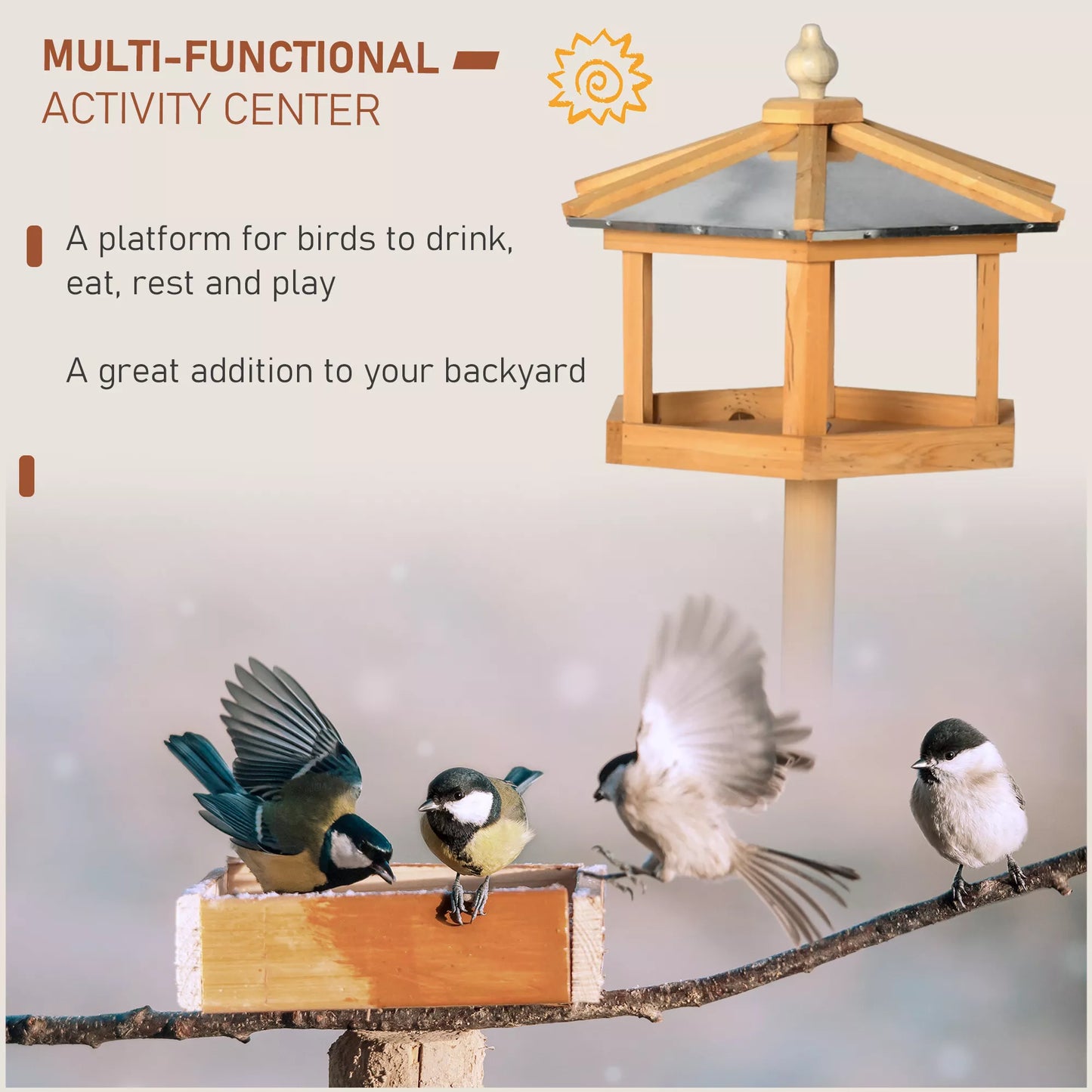 PawHut Paukščių namelis su stovu, atsparus oro sąlygoms, medinė lesykla su atspariu cinko stogeliu laukiniams paukščiams, 40 x 40 x 113 cm, Geltonas PawHut