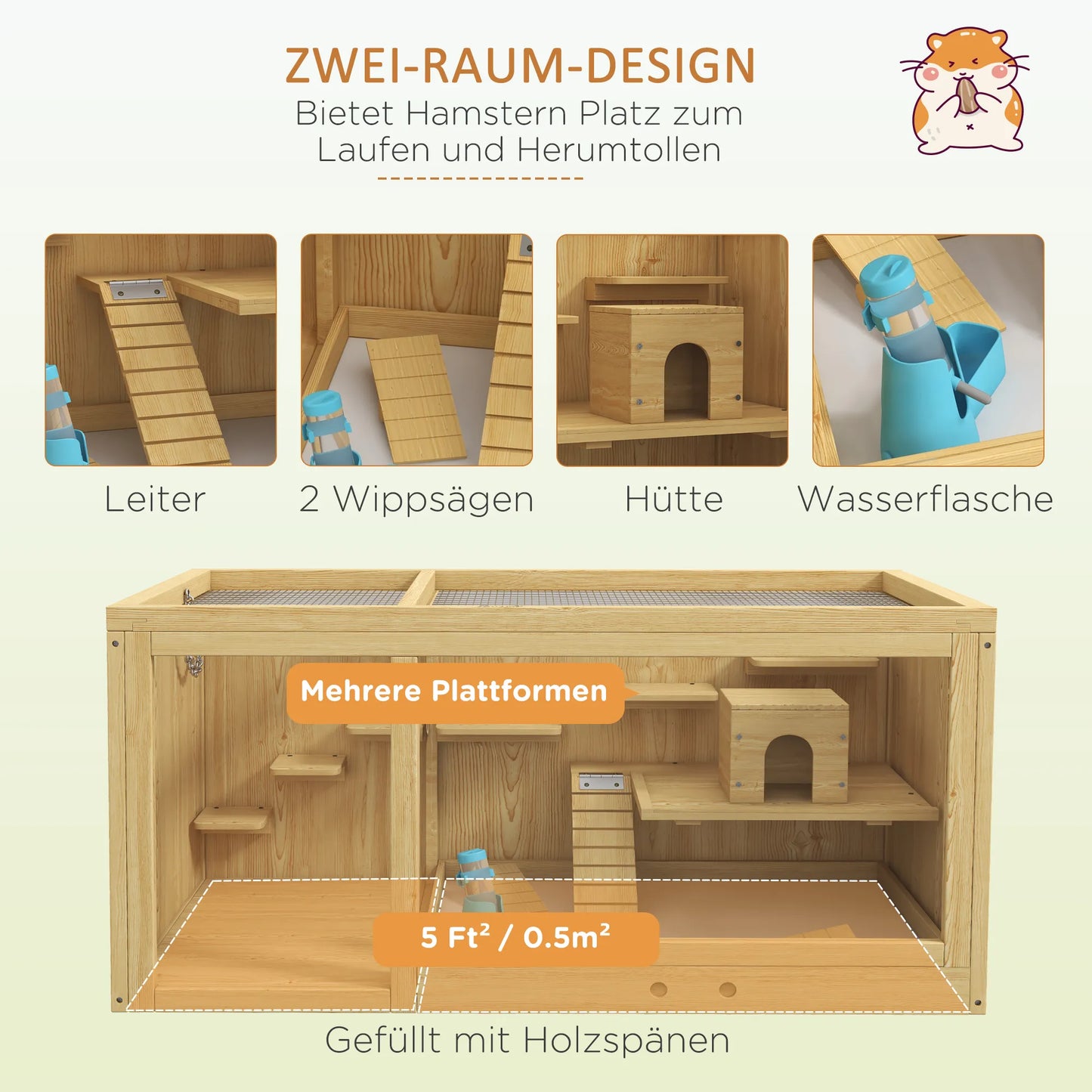 Narvas graužikams, eglės mediena, su priedais ir girdykla, 100 x 50 x 50 cm, natūralus