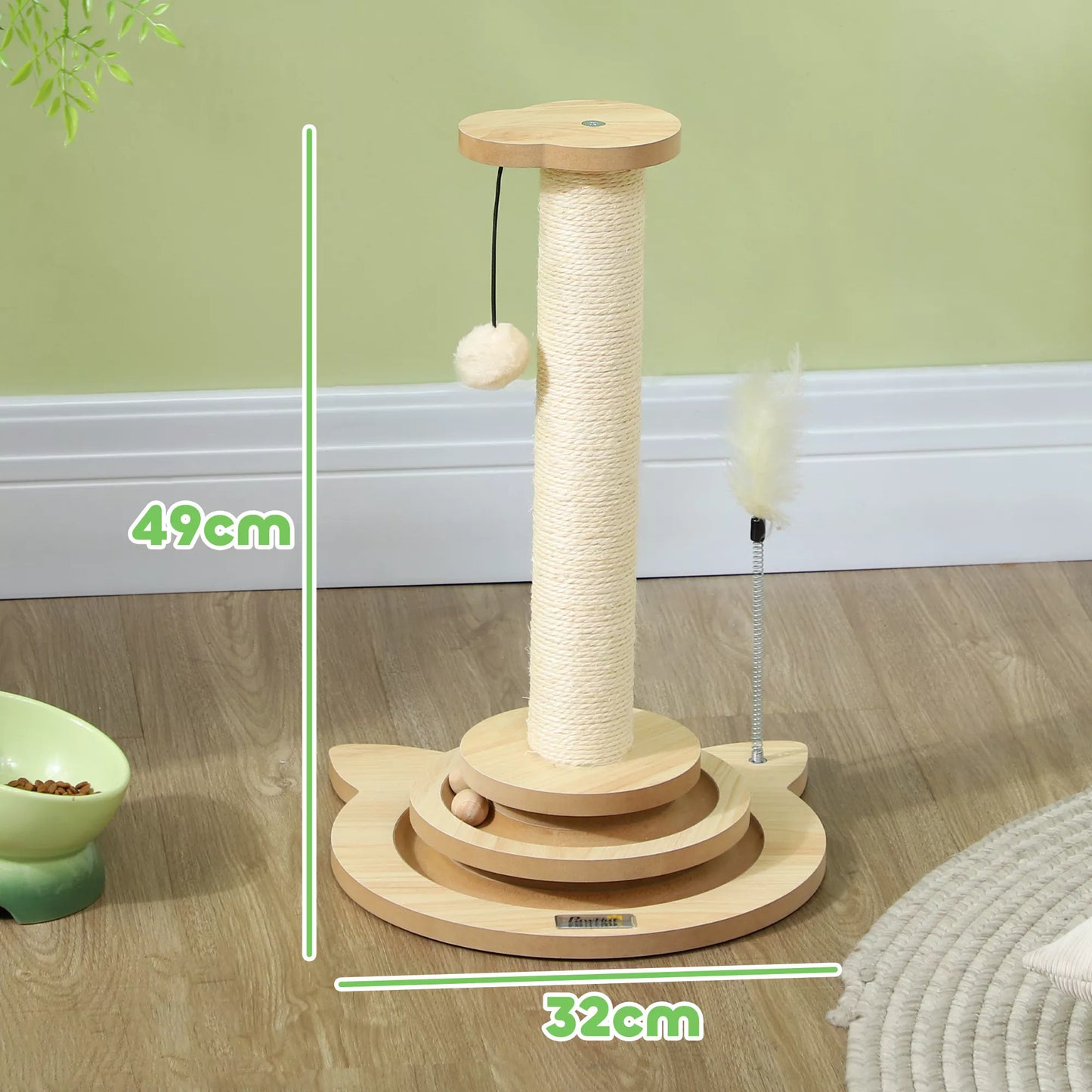 PawHut Kačių draskyklė, 49 cm, sizaliniai draskymo stulpeliai, kamuoliukų trasa, žaidimų kamuoliukas, žaidimo plunksnelė, 4-in-1 dizainas, ąžuolas, balta