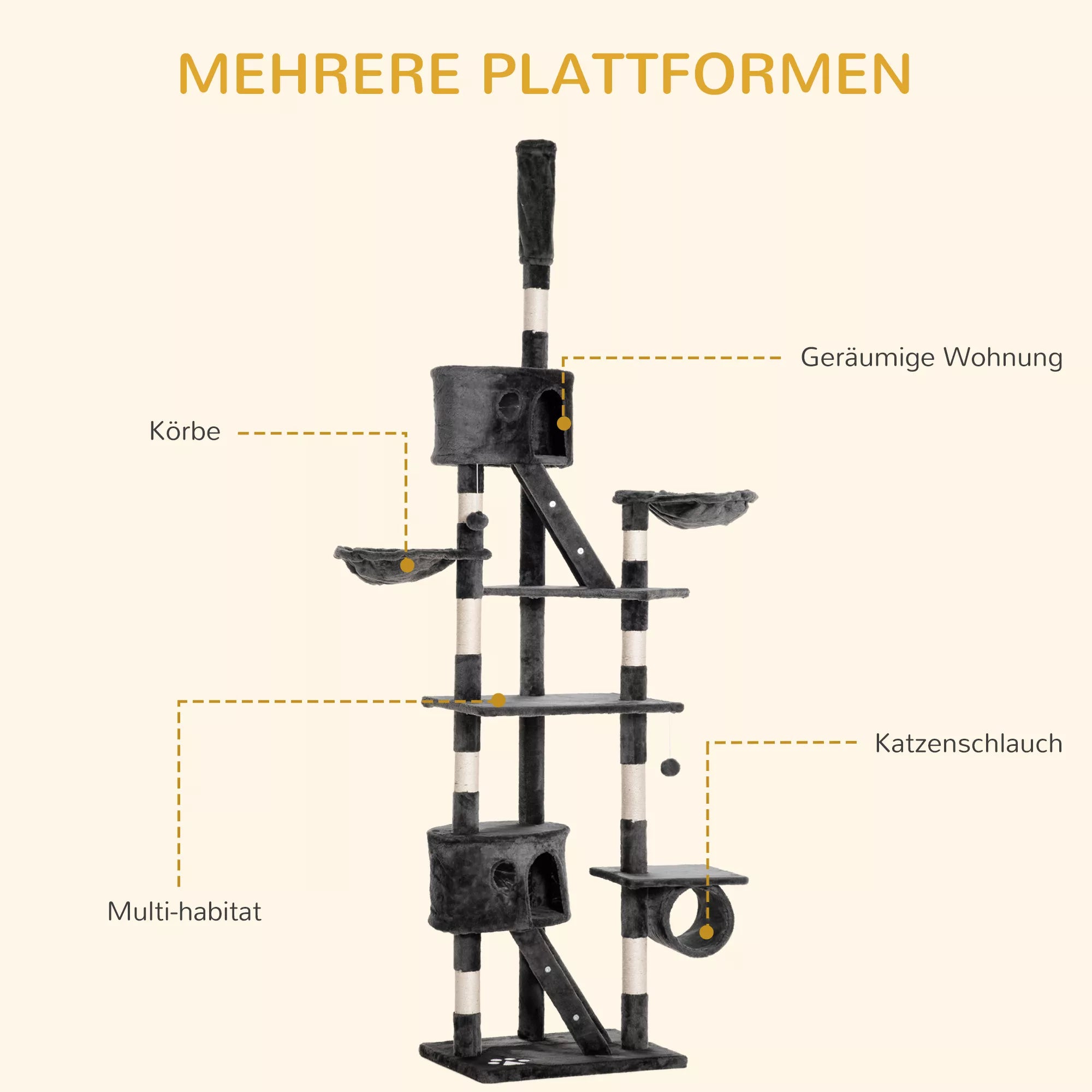 Kačių medis iki lubų aukščio 240-260 cm Katės medis su pliušiniais kamuoliais, katės urvu, hamaku, sizalio kamienais, platformomis Daugiaaukštis katės medis Laipiojimo medis didelėms katėms, tamsiai pilkos spalvos
