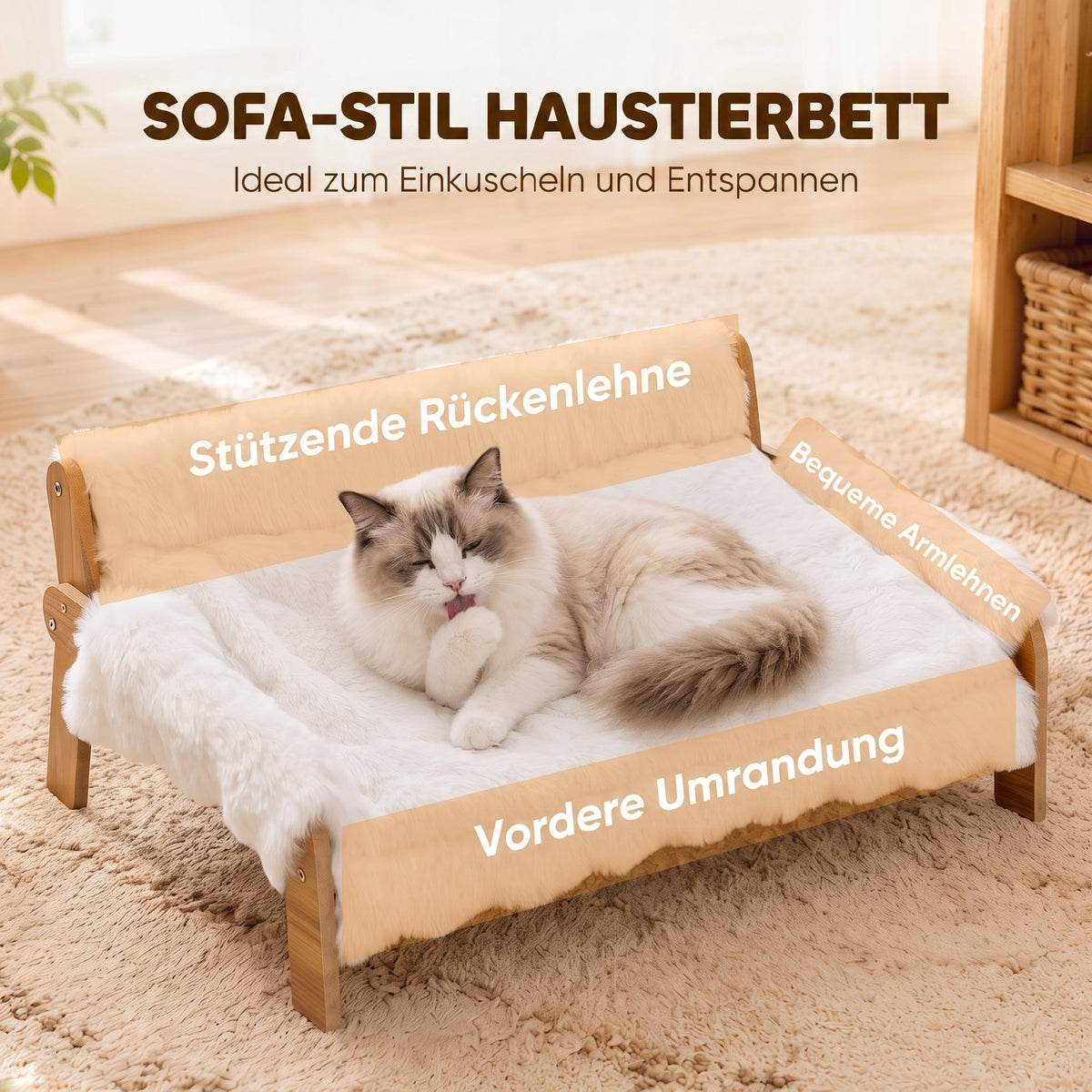 Paaukštinta sofa-guolis katėms ir mažiems šunims, 70x47x30 cm, su nuimamu užvalkalu, katėms iki 8 kg, balta