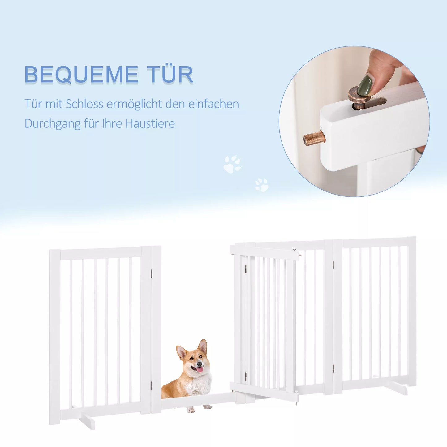 Suņu drošības vārtiņi, 4 daļu, 220 x 91 cm, salokāmi, drošības vārtiņi ar durvīm, brīvi stāvoši suņu vārtiņi ar 2 atbalsta kājām, koka kāpņu vārtiņi gaitenim, virtuvei, kāpnēm, balti