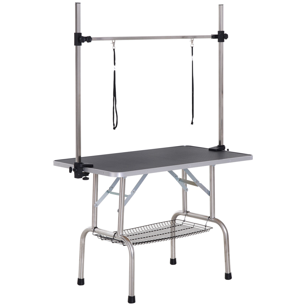 Kirpimo stalas šunims ir katėms 107x60 cm, sulankstomas, su laikikliu ir apatiniu krepšiu, iki 100 kg, juodas