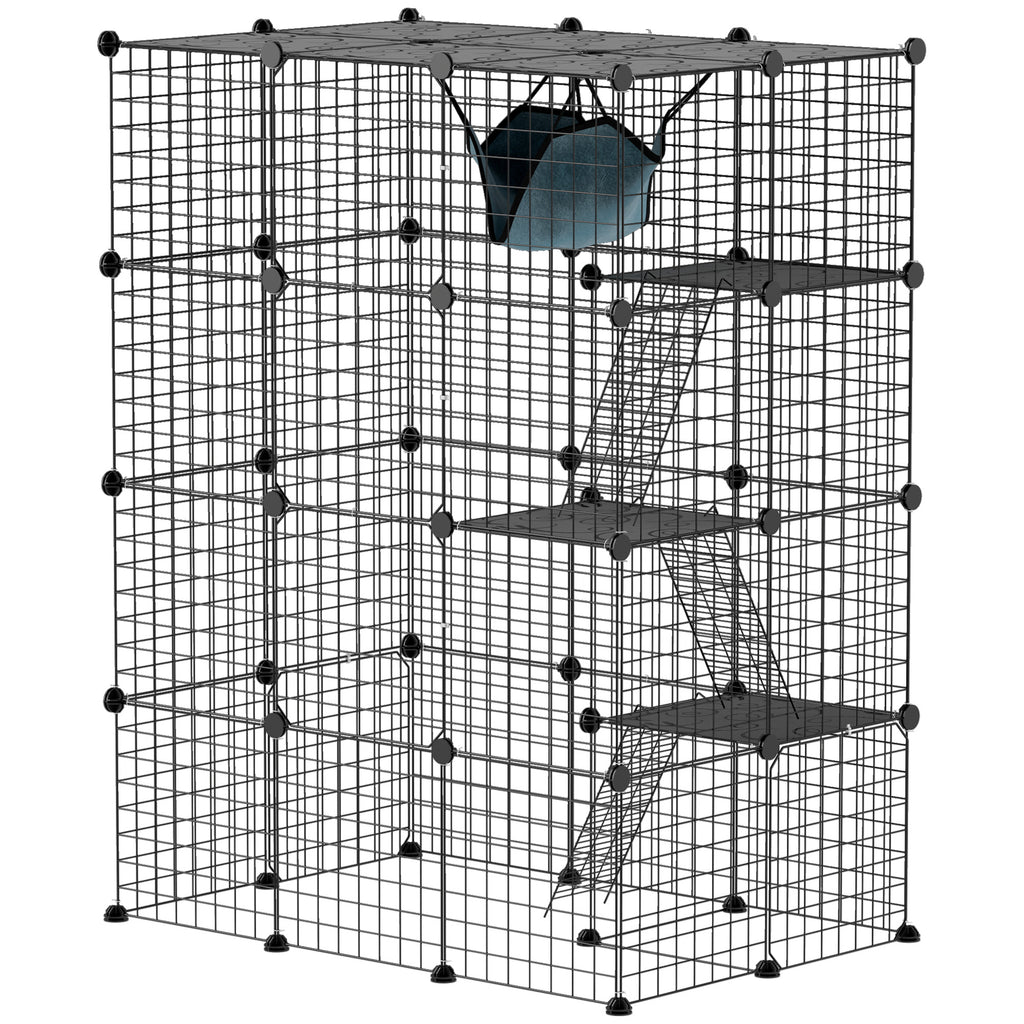 Narvas katėms 140 cm, 4 aukštų, iš 49 plokščių, su 5 durelėmis, hamaku, rampomis ir platformomis, juodas