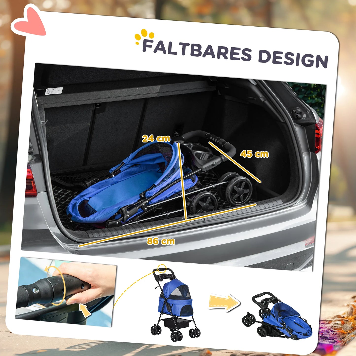 Šunų vežimėlis iki 4 kg, sulankstomas, su tinklelio langu, apatiniu krepšiu, puodelio laikikliu, nuimamu stogeliu, mėlynas, 67 x 45 x 96 cm