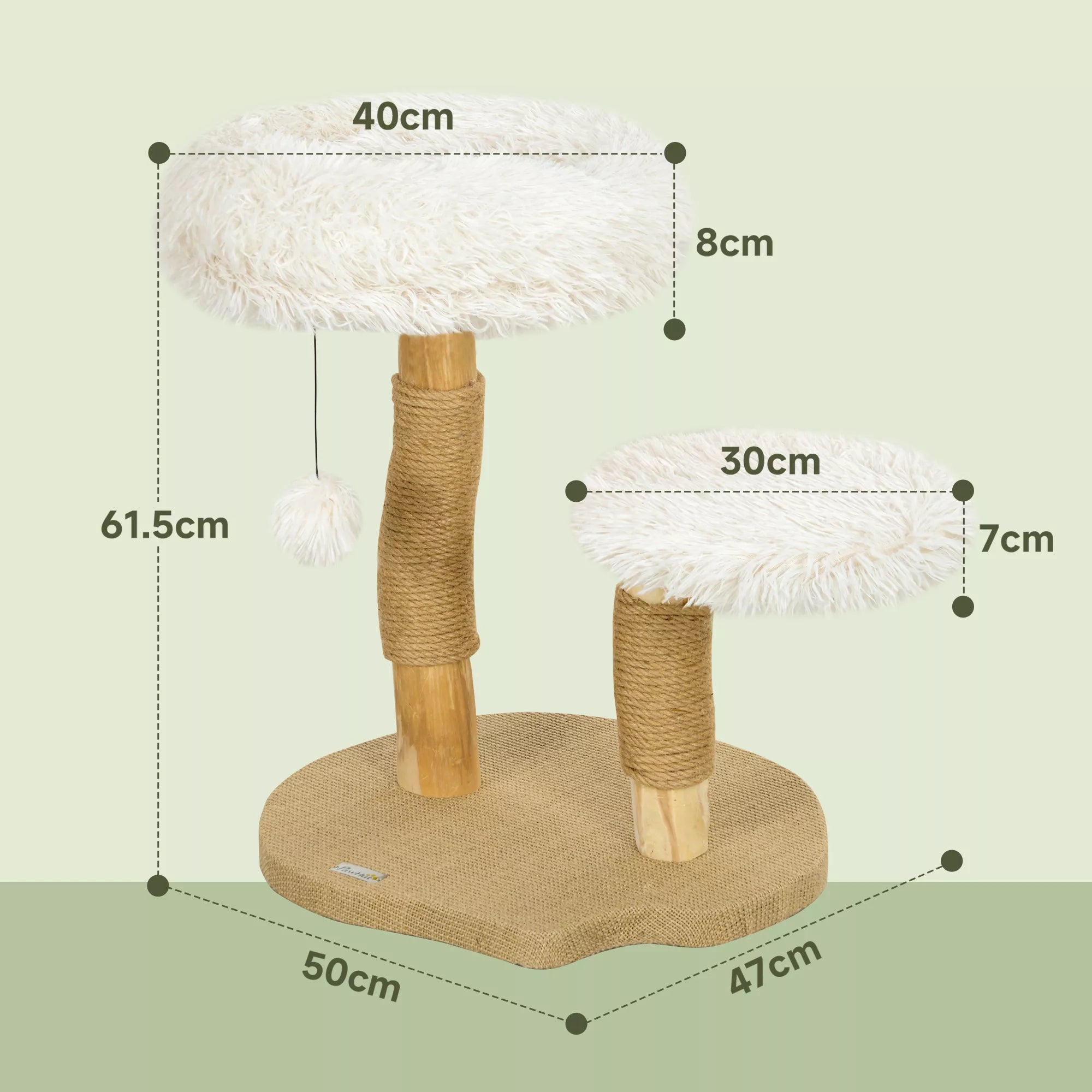 Kaķu māja, 61,5 cm, ar kaķu gultu, skrāpējamo stabu, lēkšanas platformu, rotaļu bumbu, kaķiem līdz 5 kg, balta