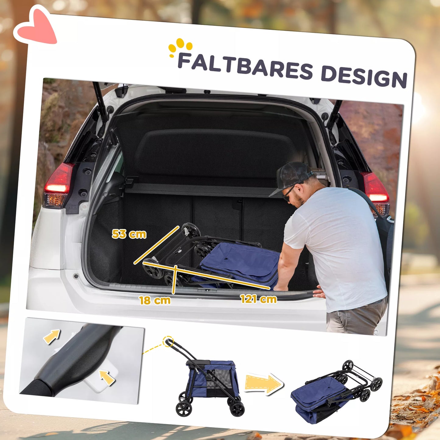 Sulankstomas šunų vežimėlis iki 20kg, su pagalvėle, 3 šoninėmis kišenėmis, 102 cm x 62 cm x 105 cm, mėlynas