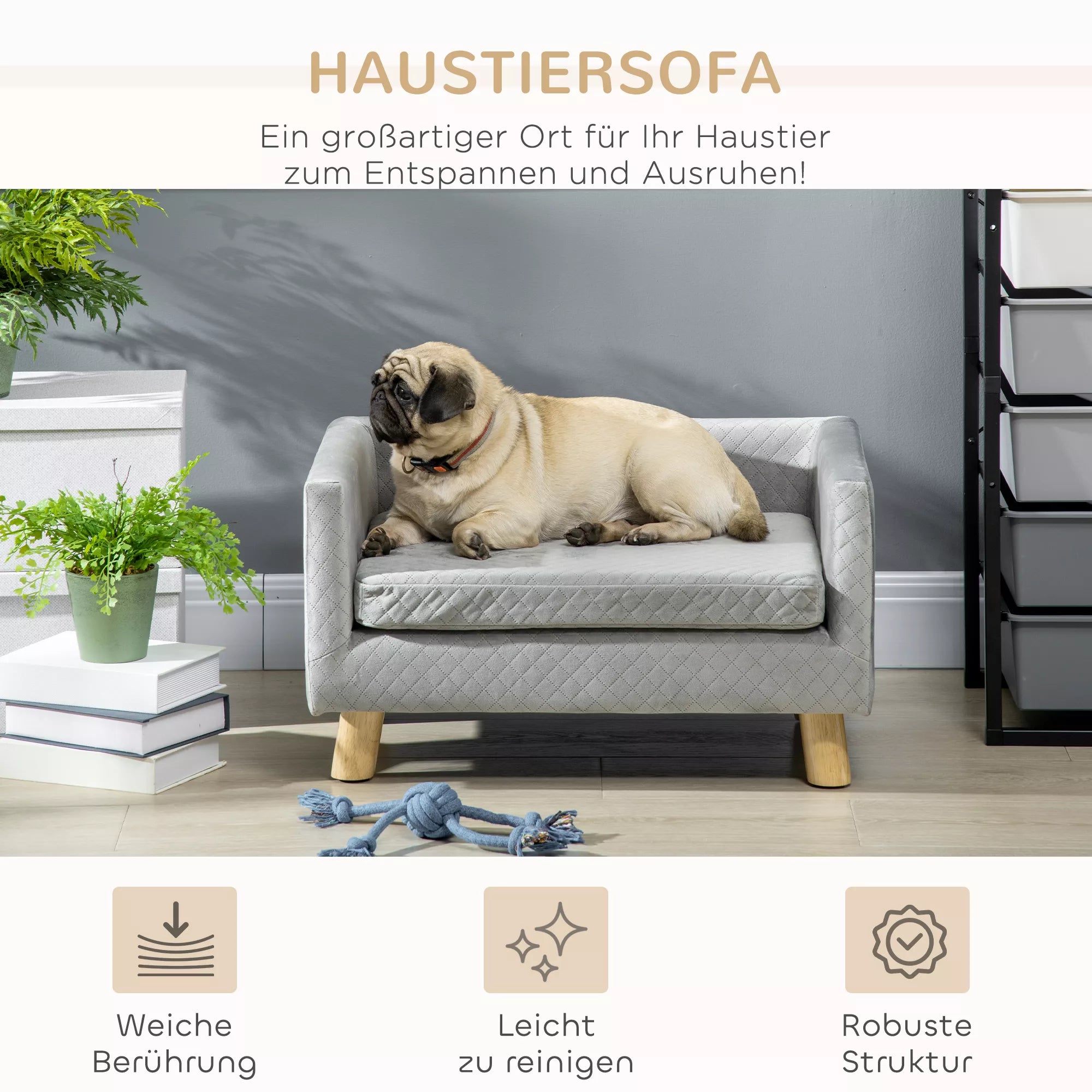 Šunų sofa su medinėmis kojelėmis, šunų lova, naminių gyvūnėlių sofa, šunų kilimėlis mažam šuniui iki 8 kg, aksominio lietimo, pilka, 64 x 45 x 36 cm