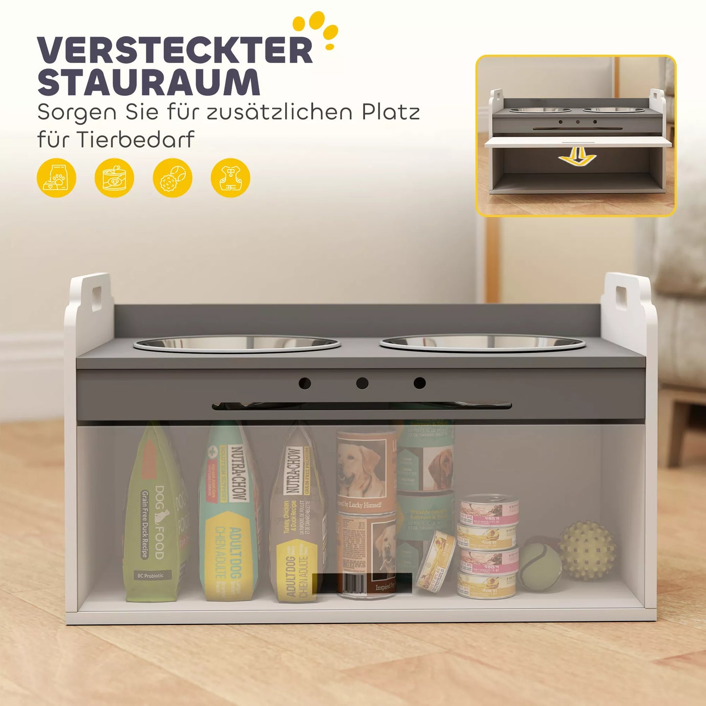 Paaukštintas šunų dubenėlių stovas su daiktų laikymo spintele, šėrykla su dviem dubenėliais, medis ir nerūdijantis plienas, 60 x 30 x 35,5 cm, balta