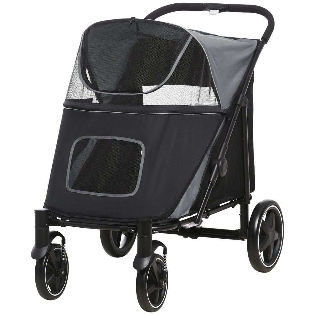 Sulankstomas vežimėlis šunims 112x65x100 cm, lankstomas vienu paspaudimu, šunims iki 30 kg, pilkas