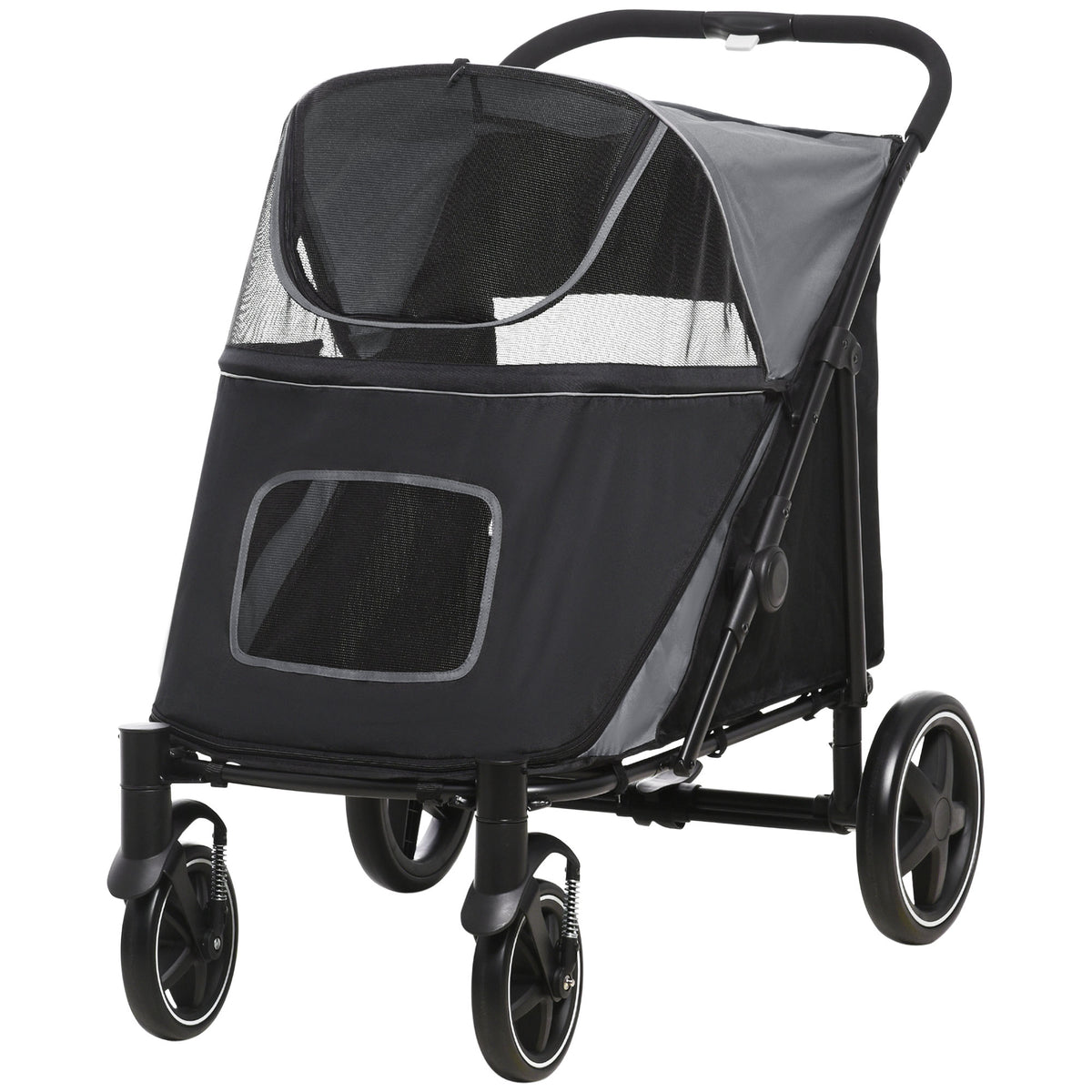 Sulankstomas vežimėlis šunims 112x65x100 cm, lankstomas vienu paspaudimu, šunims iki 30 kg, pilkas