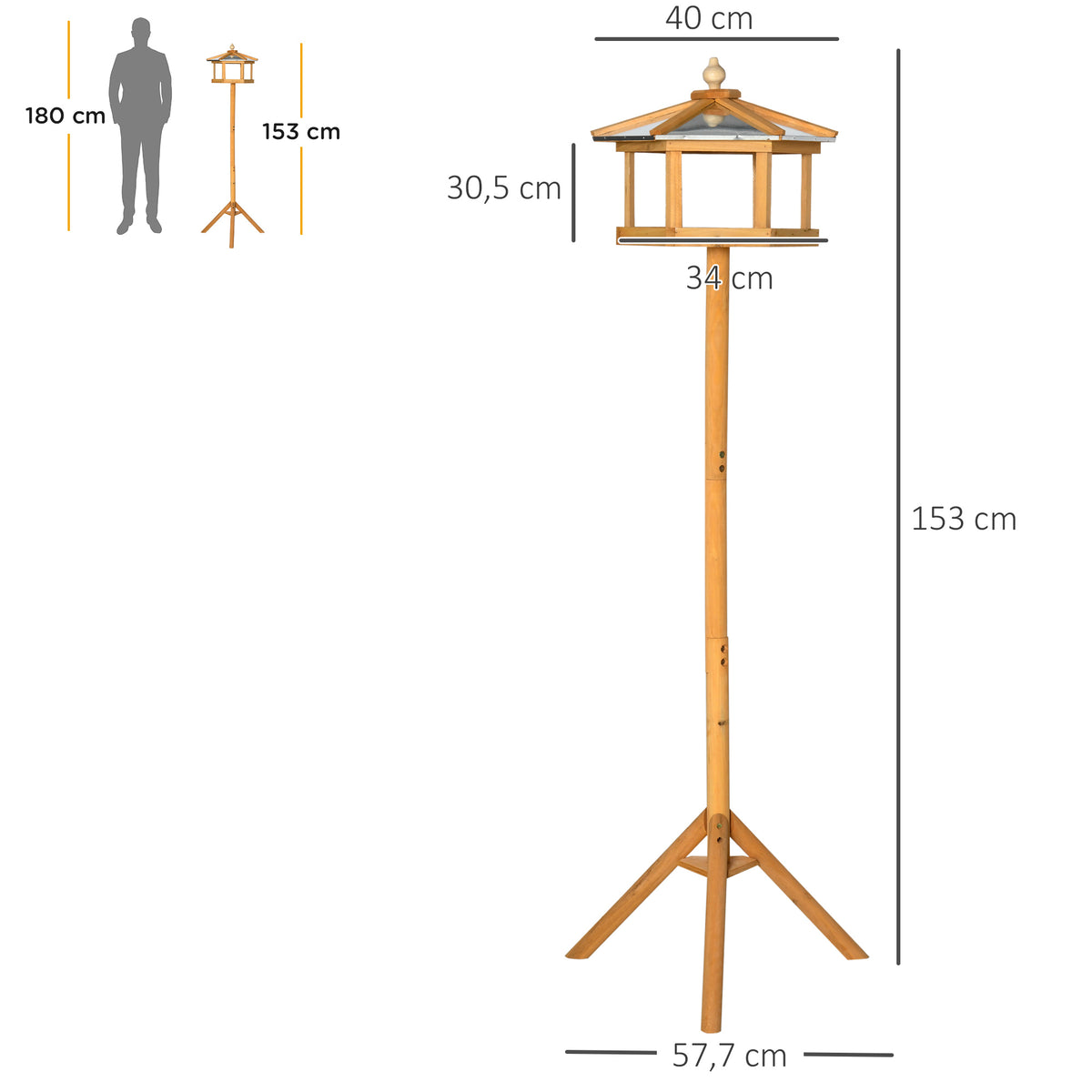 Lesykla paukščiams su stovu ir metaliniu stogeliu, medinė, Ø57,7x153 cm, natūralios medienos