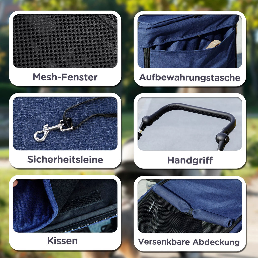 Suņu ratiņi, viegli un salokāmi transportēšanas ratiņi maziem suņiem, mazgājams spilvens, sieta logs, tumši zils