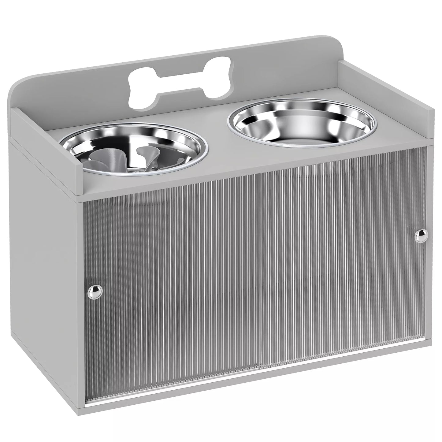 Pakelta pašarų stotelė su 2 dubenėliais ir spintele, MDF, nerūdijantis plienas, kaulų raštas, pilka