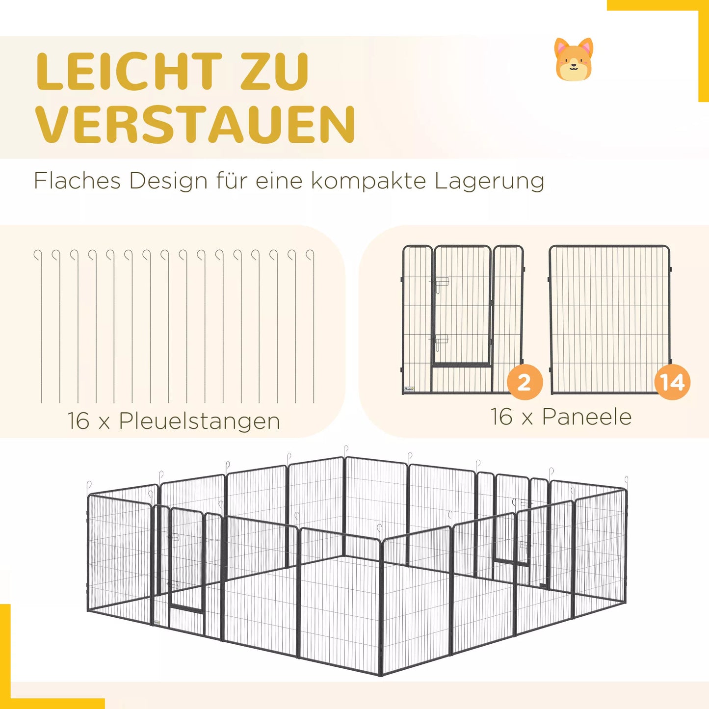 Kucēnu rotaļu laukums, modulārs dizains, 16 elementi, 2 durvis, laikapstākļiem izturīgs, tērauds, 3,2 x 3,2 x 1 m, pelēks