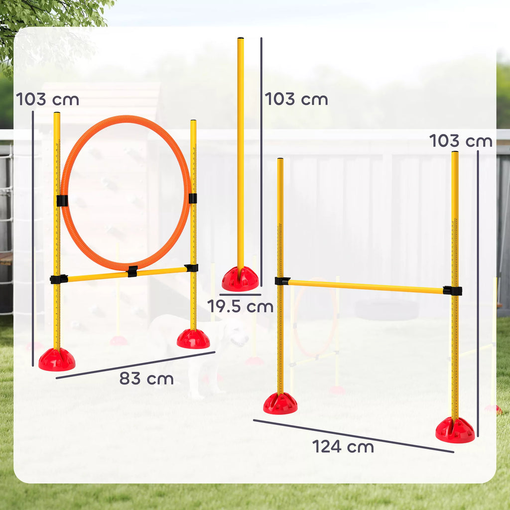 3 dalių šunų agility rinkinys, užpildomas. Agility įranga šunų dresūrai, šuolių kliūčių ir slalominių stulpų rinkinys.