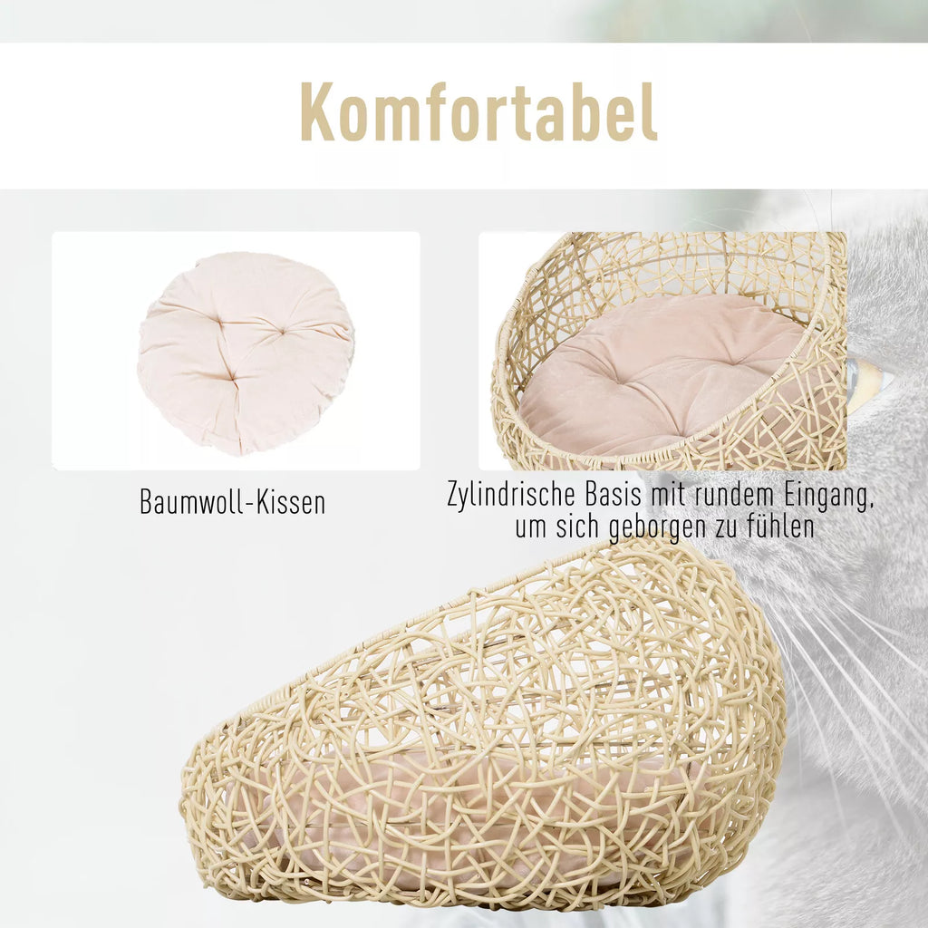 Rotangpalmas kaķu gulta, kaķu mājiņa ar spilvenu, kaķu grozs, suņu gulta, kaķa guļvieta, suņu mājiņa, mājdzīvnieku gulta kaķiem un suņiem, bēša, Ø56 x 35 cm
