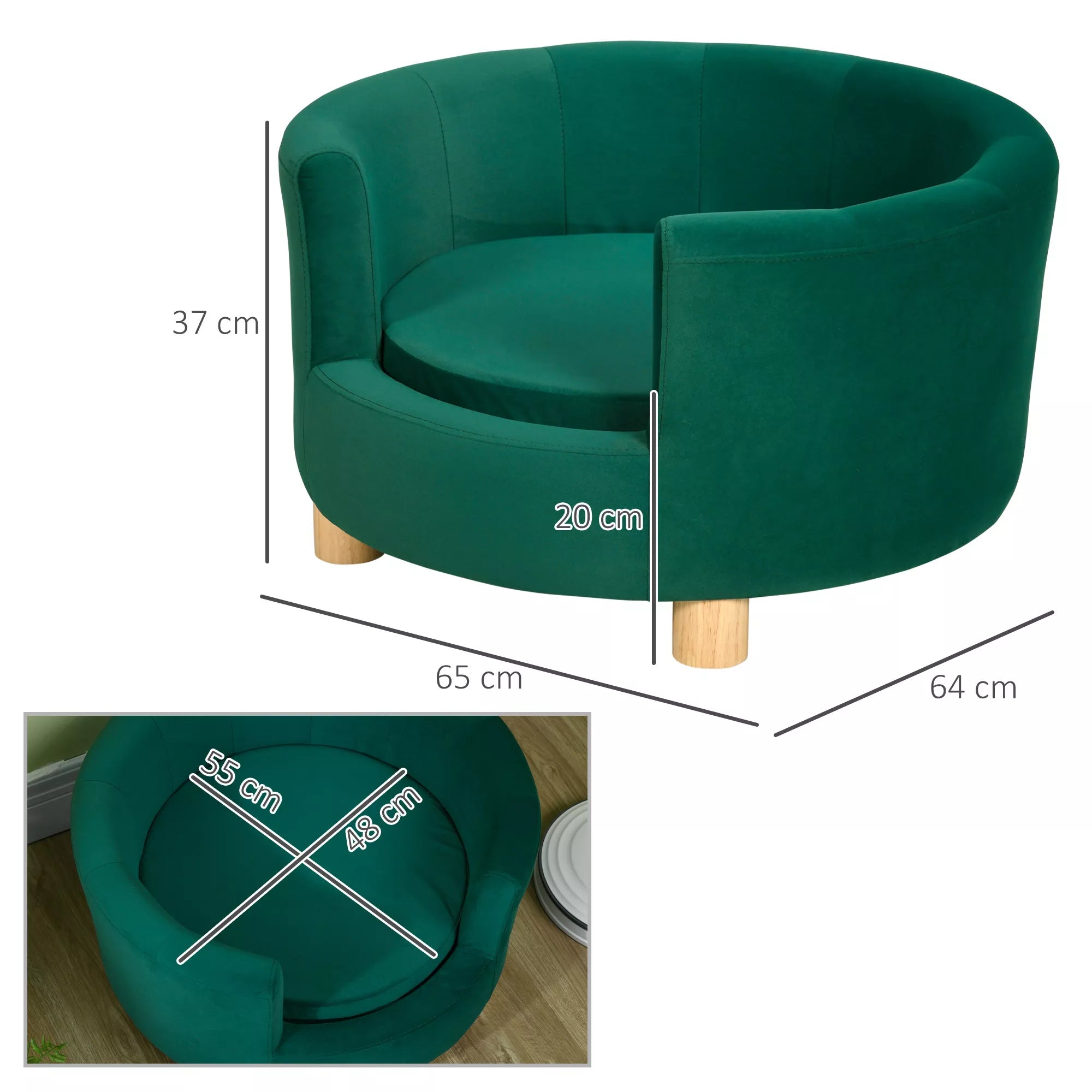 Šunų sofa, šunų kušetė, su skalbiamu užvalkalu, gyvūnėlių sofa su atlošu ir medinėmis kojelėmis, kačių sofa, mažiems šunims iki 4,5 kg, žalia