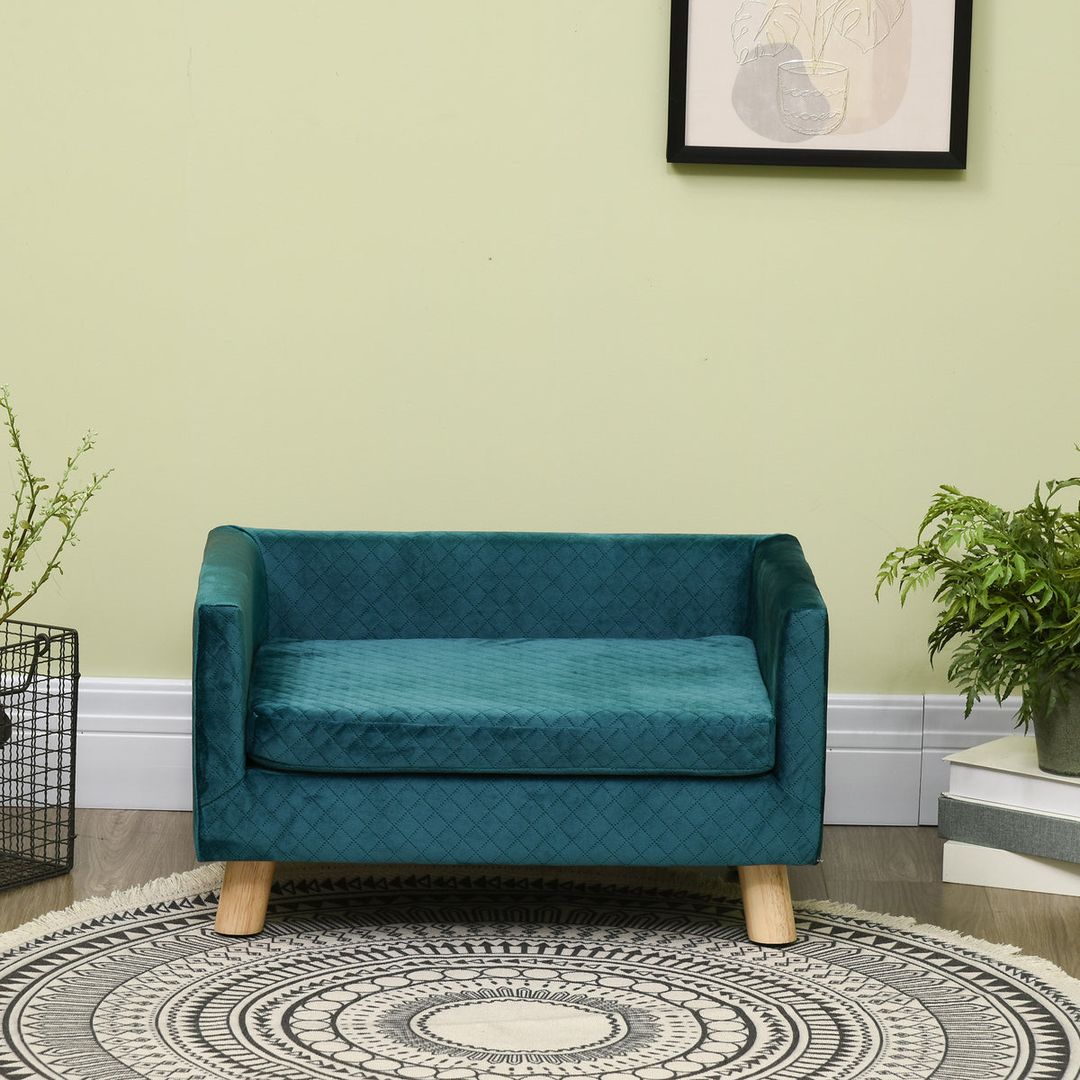 Sofa šunims ir katėms su atlošu ir pagalvėle, aksominė, medinėmis kojelėmis, iki 8 kg, 64x45x36 cm, mėlyna
