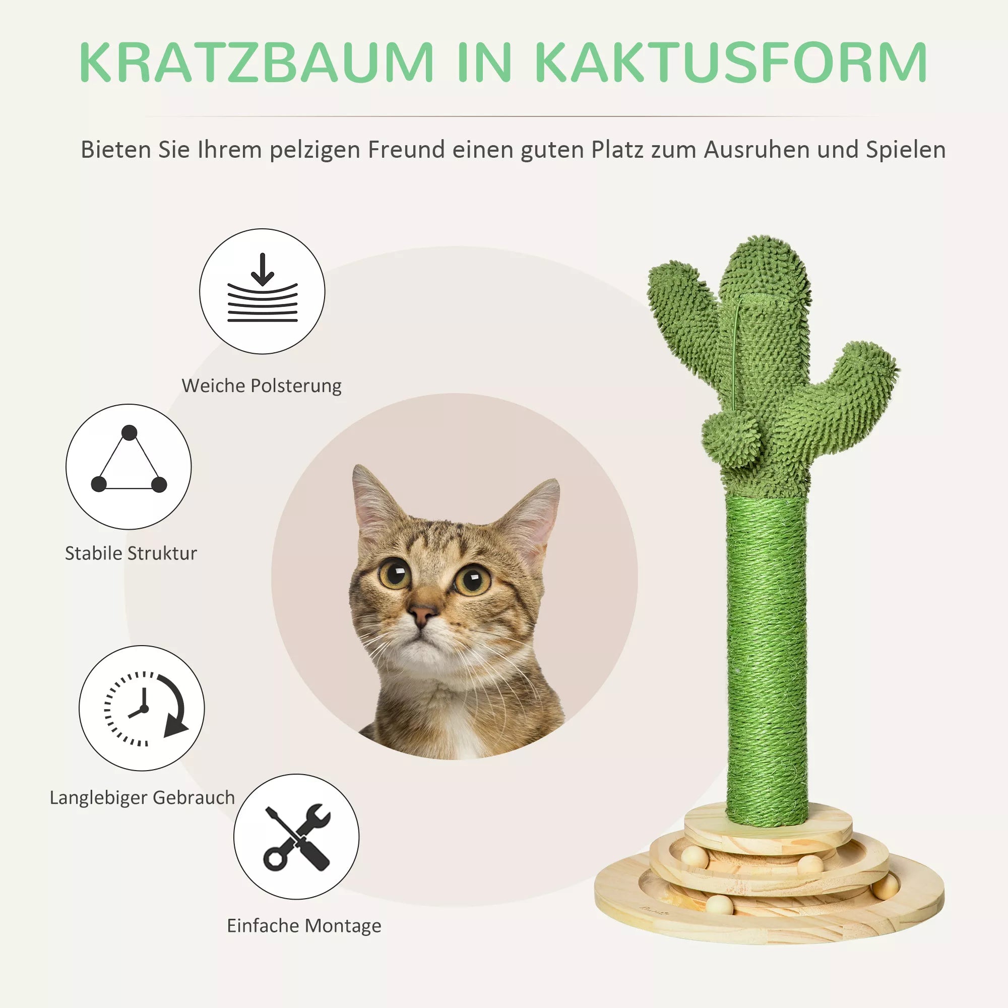 Kaķu skrāpējamais stabs Kaktuss, kaķu koks no priedes koka ar sizala virvi, skrāpējamais stabs ar koka bumbiņas formas rotaļlietu kaķiem, 60 cm augsts, zaļš+dabīgs