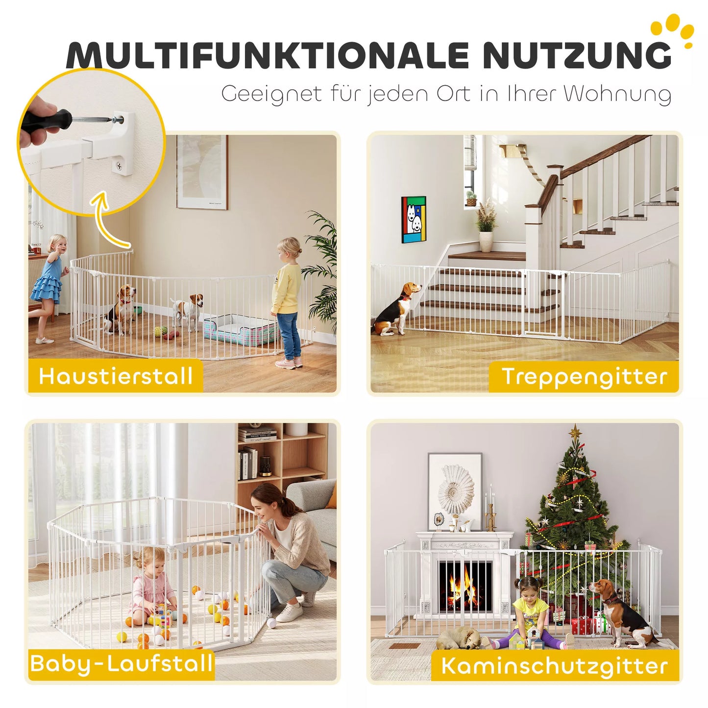 8 sekcijų tvora gyvūnėliams su durelėmis, sulankstoma, skirta mažiems ir vidutinio dydžio šunims, plastikas, anglies plienas, balta