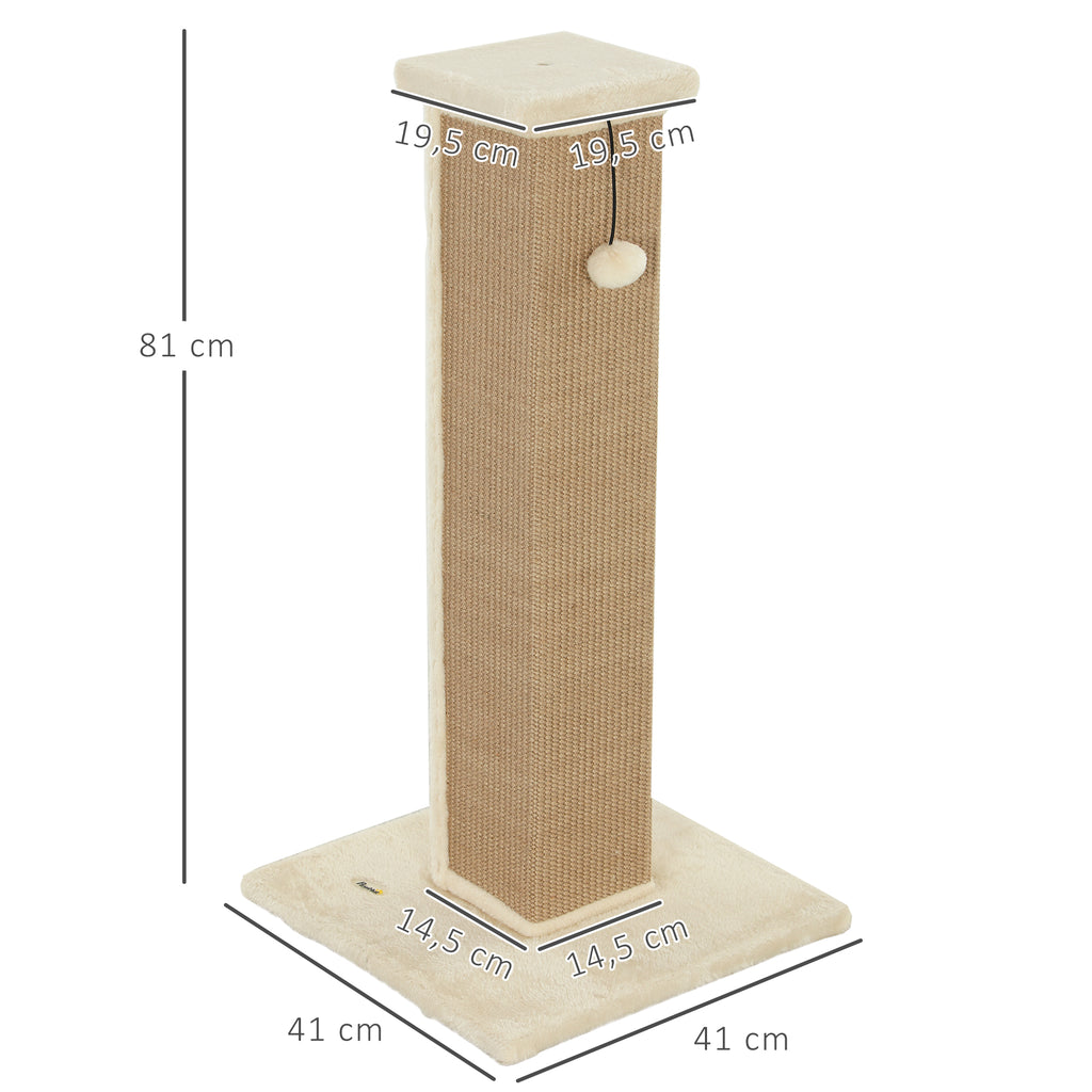 Draskyklė 81 cm su džiuto stulpu, pliušu ir kabančiu kamuoliuku, katėms iki 5 kg, smėlio spalvos