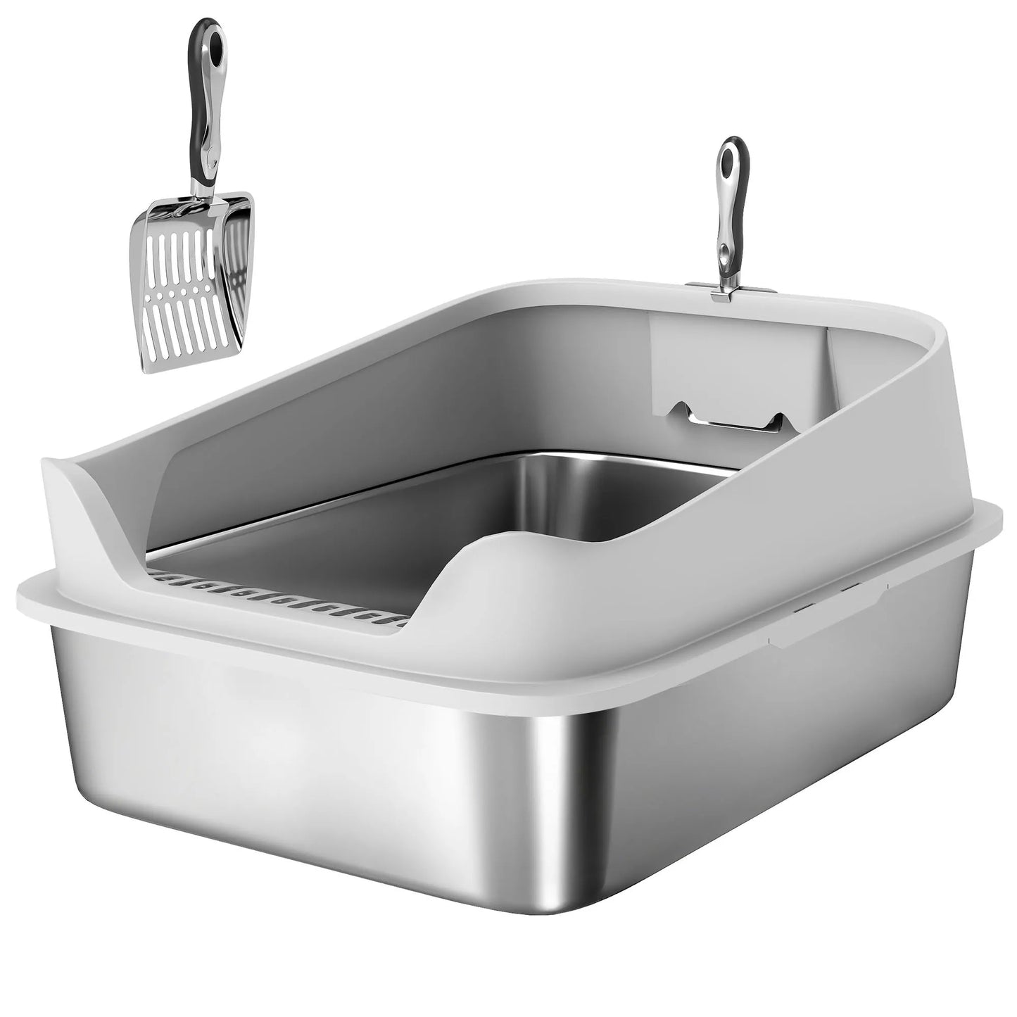 Katės tualetas iš nerūdijančio plieno, atviras katės tualetas su aukštu kraštu ir kastuvu, skirtas didelėms katėms iki 12 kg 69,8 x 50,3 x 29,8 cm Pilkas
