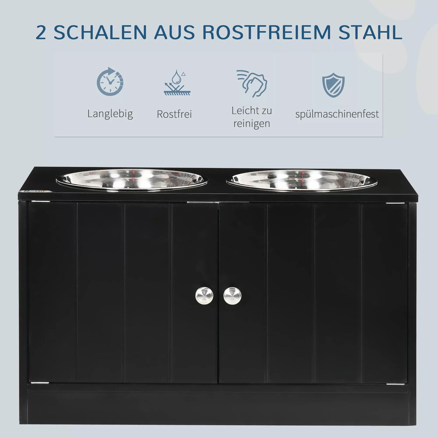 Paaukštinta šėrimo stotis su 2 nerūdijančio plieno dubenėliais ir 44 L talpos daiktadėže, magnetinėmis durelėmis, dideliems šunims, juoda