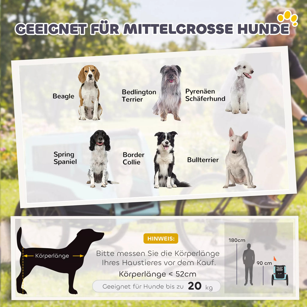 Kokkupandav koerte jalgrattakäru helkurite ja jalutusrihmaga, keskmise suurusega koertele kuni 20 kg, 143 x 70 x 90 cm, helesinine