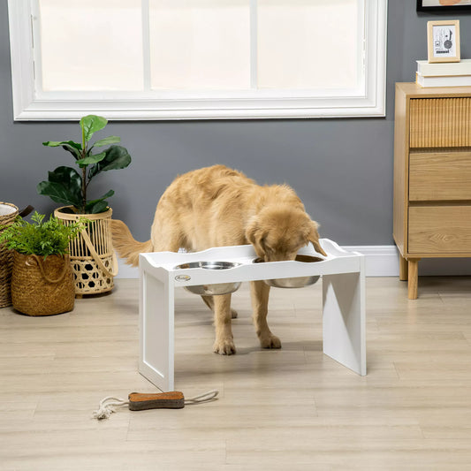 Maitinimo stotelė, stovas dubenėliams, 2 maitinimo dubenėliai po 2 litrus, nerūdijantis plienas, dideliems šunims, balta spalva, 63 x 30 x 24 cm