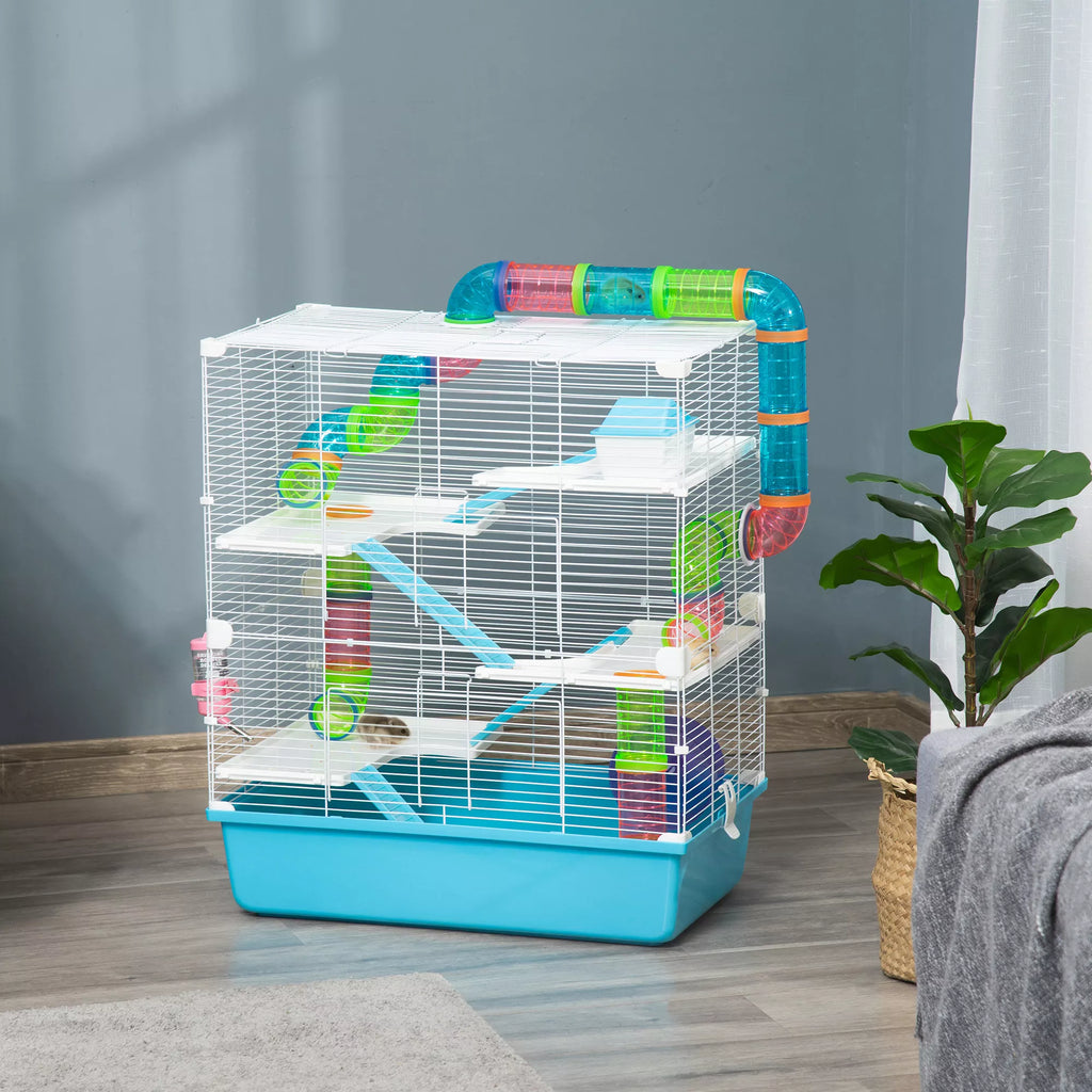 Hamsterio narvas, 5 aukštų graužikų narvas, mažų gyvūnų narvas iš plieninio vielos su bėgimo ratu, rampa, gėrimo buteliuku, maisto dubenėliu, pelės narvas hamsteriams, žiurkėnams 59 x 36 x 69 cm, šviesiai mėlynas + baltas