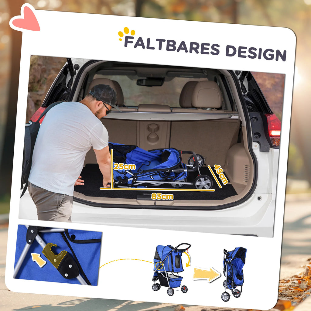 Suņu ratiņi līdz 10 kg, saliekami, ar sieta logu, uzglabāšanas grozu, 2 krūzīšu turētājiem, zili