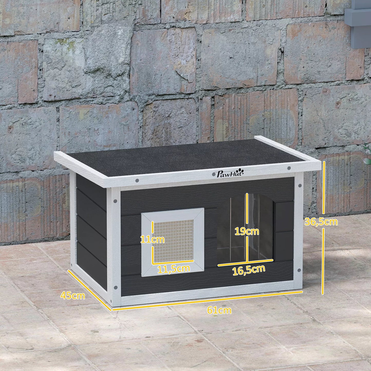 Katės namelis, pasislėpimo vieta katėms ir triušiams, medinis namelis su draskykle, durelėmis, 61 x 45 x 36,5 cm, pilkos spalvos