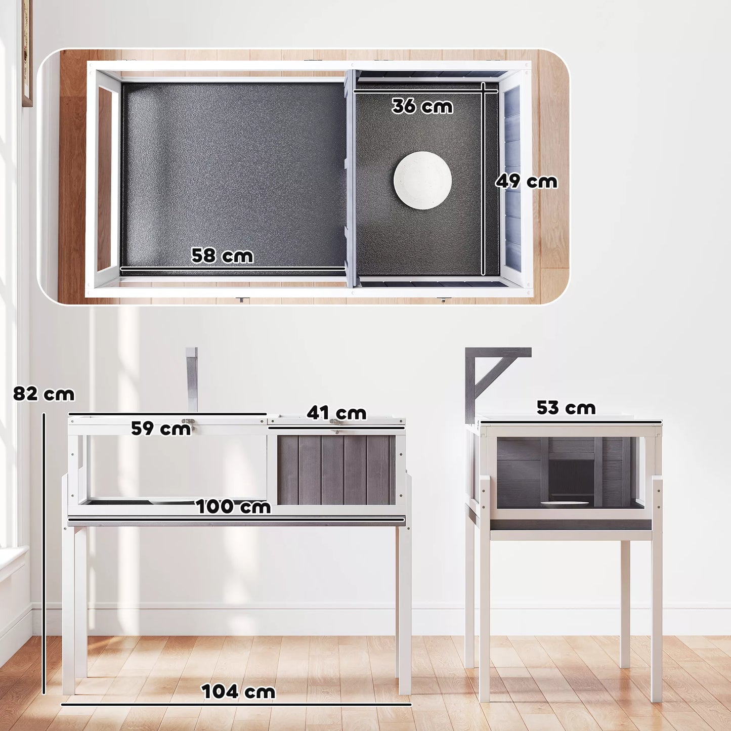 Medinis vėžlių namelis su apžvalgos langeliu, vėžlių aptvaras, medis ir organinis stiklas, 104 x 53 x 82 cm, balta ir pilka