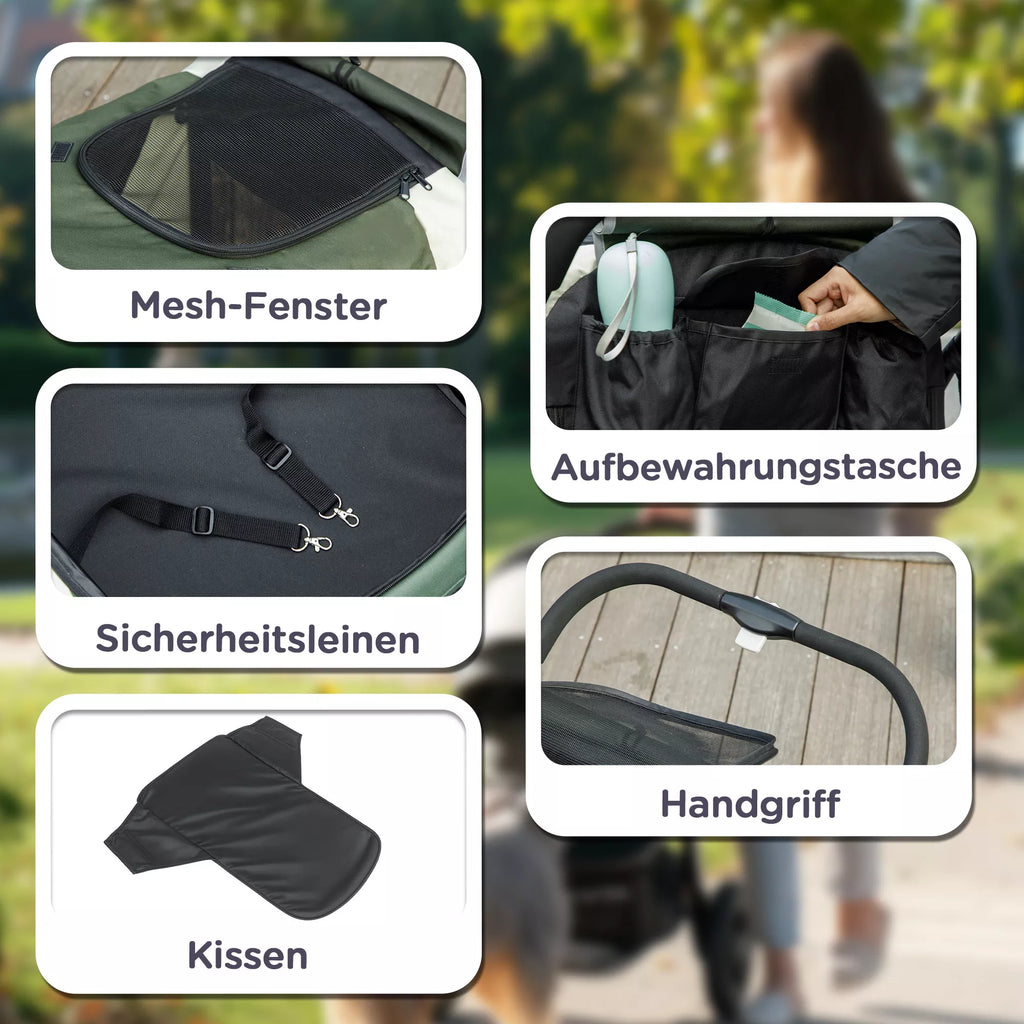 Šunų vežimėlis, sulankstomas šunų vežimėlis dideliems šunims, keturratis naminių gyvūnų vežimėlis, saugos diržai, stabdžiai, tamsiai žalias