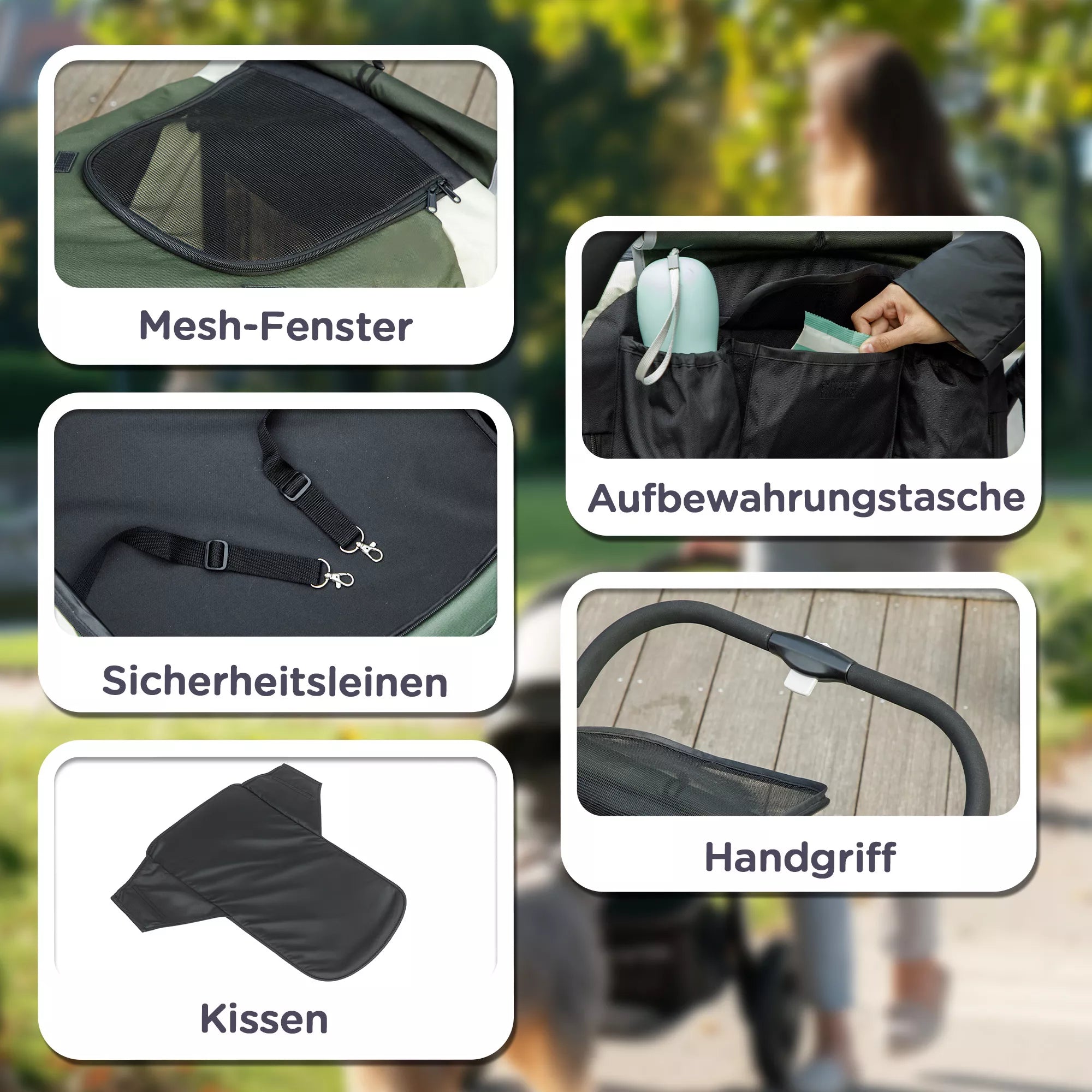 Šunų vežimėlis, sulankstomas šunų vežimėlis dideliems šunims, keturratis naminių gyvūnų vežimėlis, saugos diržai, stabdžiai, tamsiai žalias