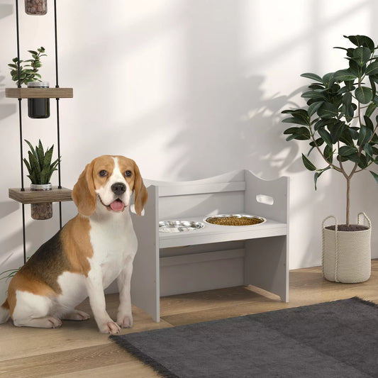 Maisto stotelė šunims, 2 nerūdijančio plieno dubenėliai, reguliuojamo aukščio, 54x31,5x47cm, balta