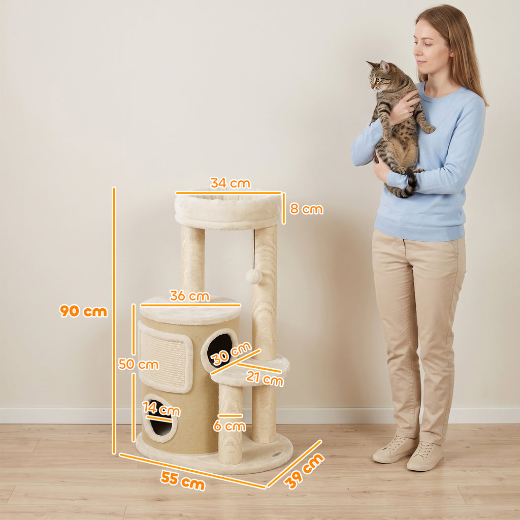 Draskyklė 90 cm su dviaukščiu nameliu, gulimąja platforma, sizalio stulpais ir pomponu, katėms iki 5 kg, smėlio spalvos
