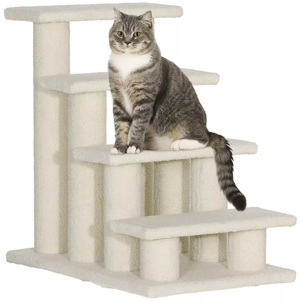 Katės laipteliai 4 pakopos, gyvūnų laipteliai katei, naminių gyvūnėlių laipteliai šuniui, iš pliušo, 61 x 41 x 60 cm, kreminės baltos spalvos