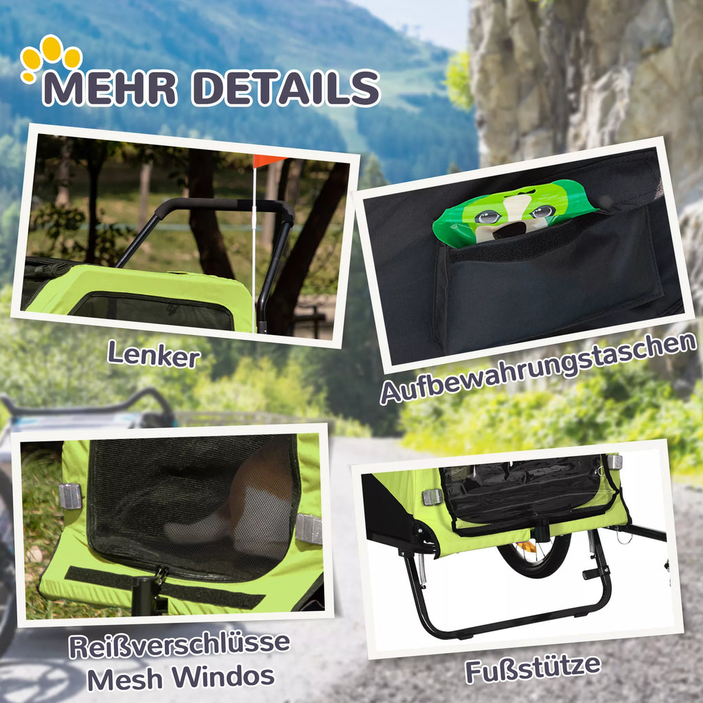 2in1 šunų priekaba, stumiamoji funkcija, 2 įėjimai, tinklinis langas, apsauga nuo saulės, plieninis rėmas, žalia, 170 x 77 x 90 cm