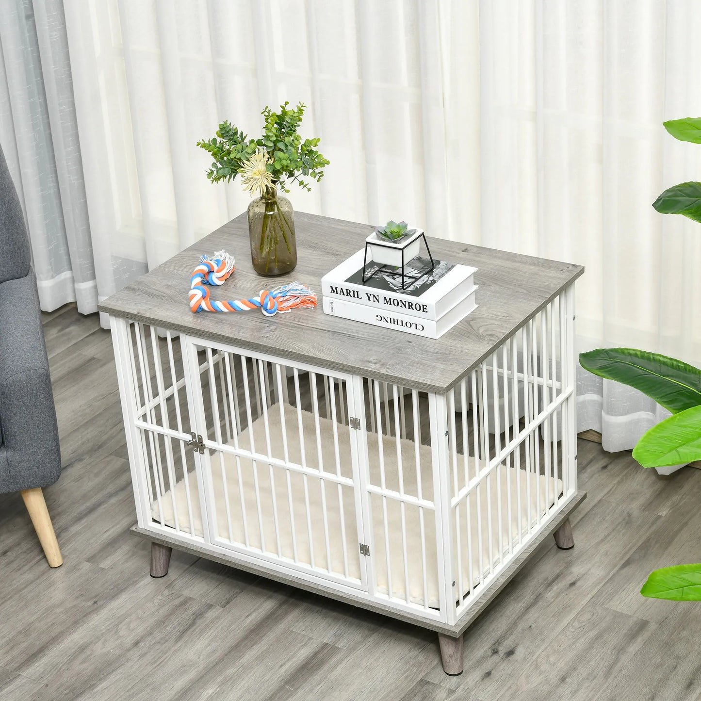 Medinis šunų narvas, šunų transportavimo dėžė su pagalvėle, 86 cm x 60 cm x 70 cm, medžio drožlių plokštė, plienas, balta + pilka