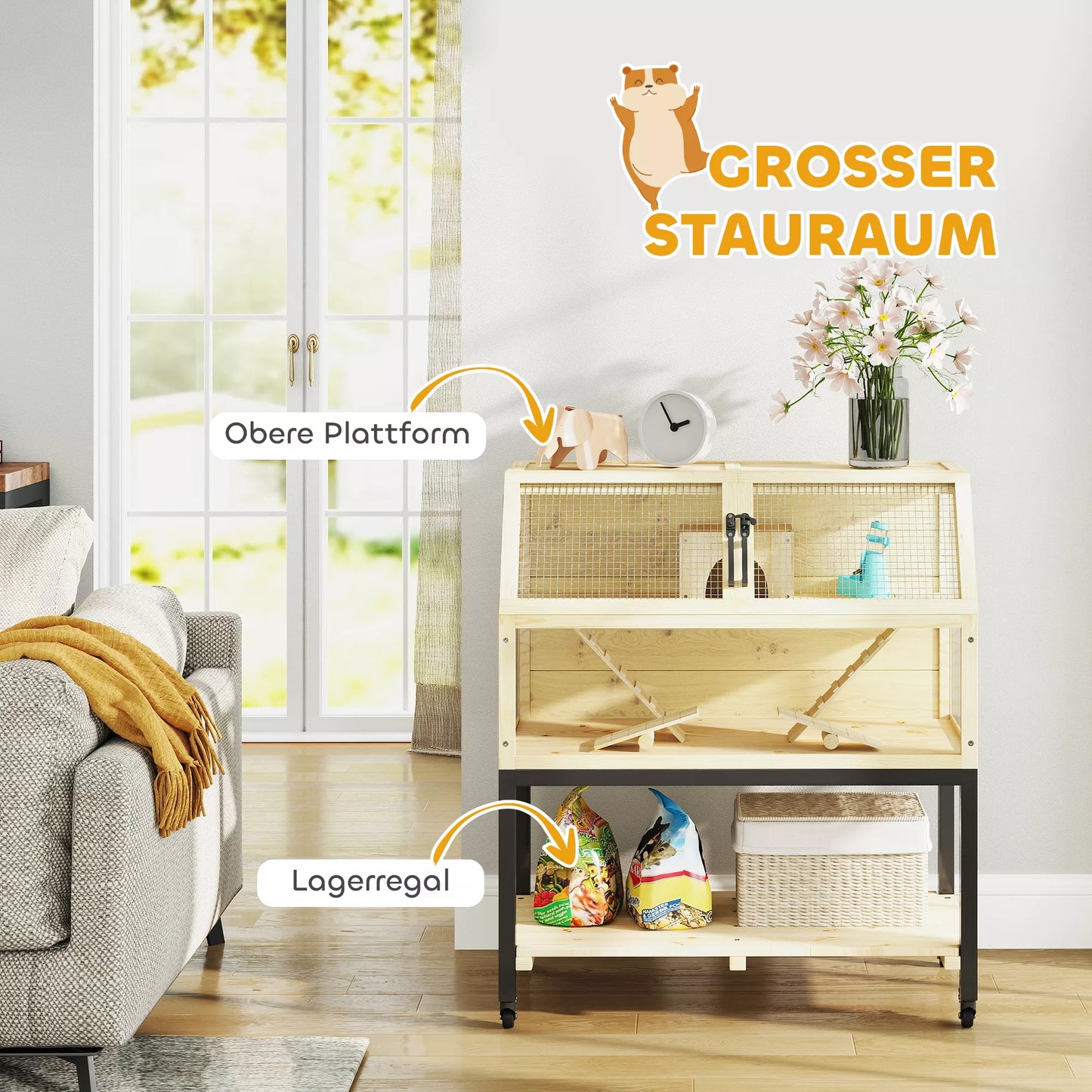 Medinis narvelis nykštukiniams žiurkėnams su laikymo skyriumi, ratukais, rampomis, vandens buteliuku, nameliu, sūpynėlėmis, 87 x 43 x 101cm