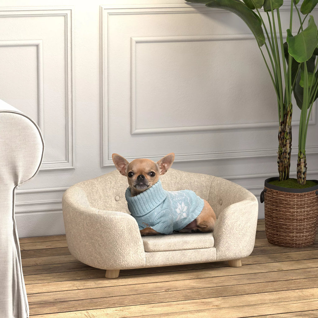 Sofa naminiams gyvūnėliams, šunų kilimėlis, šunų lova, šunų sofa, šunų kušetė, katės sofa su pagalvėle, kišenė gale, pliušas, putos, pušies mediena, kreminė balta, 70 x 47 x 30 cm
