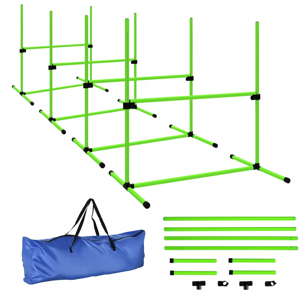 Agility rinkinys šunims 4 dalių aukščio reguliuojama agility įranga su 4 kliūtimis Nešimo krepšys 99 x 65 x 94 cm Žalia