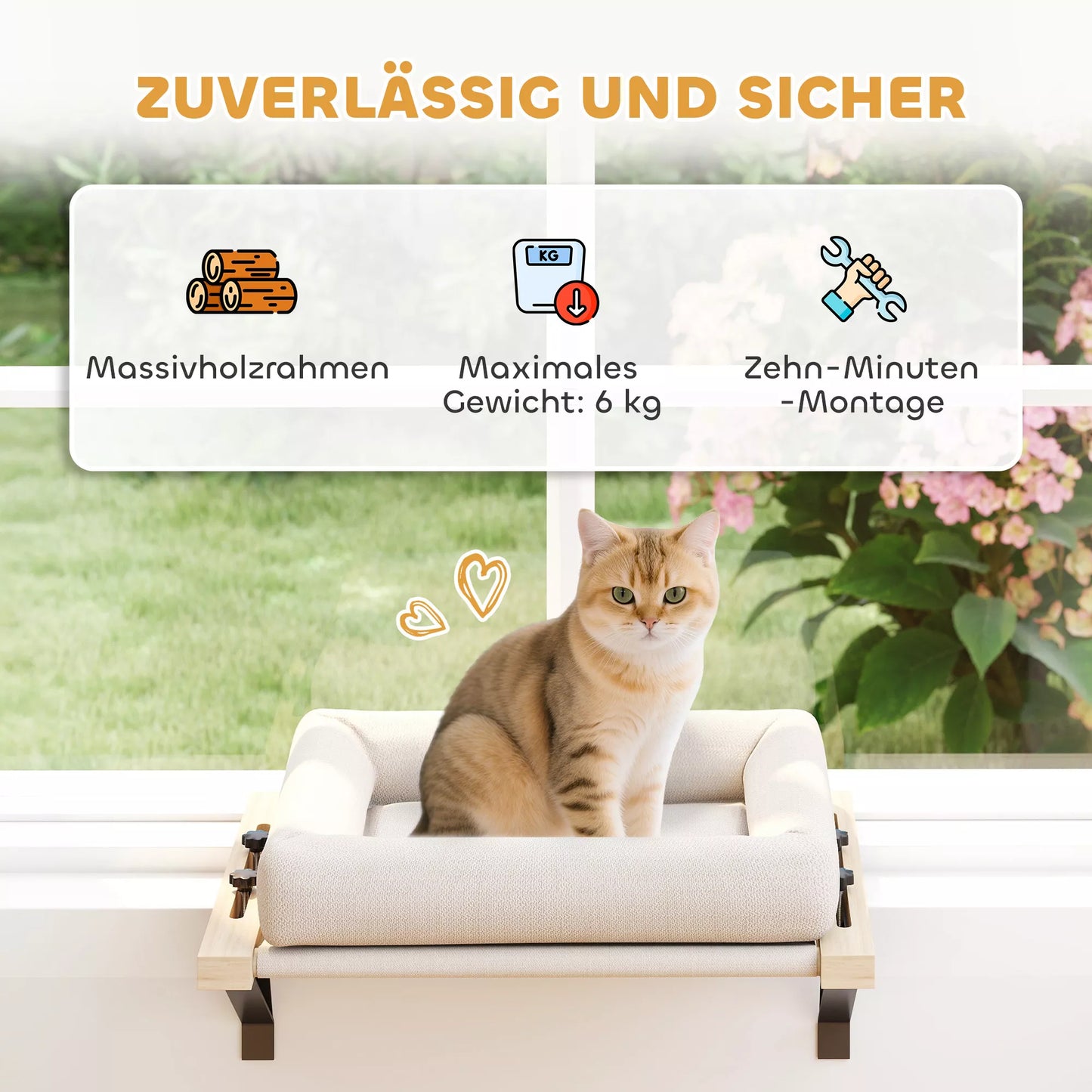 Kaķu mājiņa ar stiprinājumu uz palodzēm un radiatoriem, ar spilvenu, koka rāmis, balta