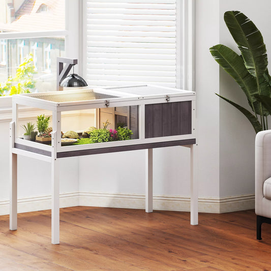 Medinis vėžlių namelis su apžvalgos langeliu, vėžlių aptvaras, medis ir organinis stiklas, 104 x 53 x 82 cm, balta ir pilka