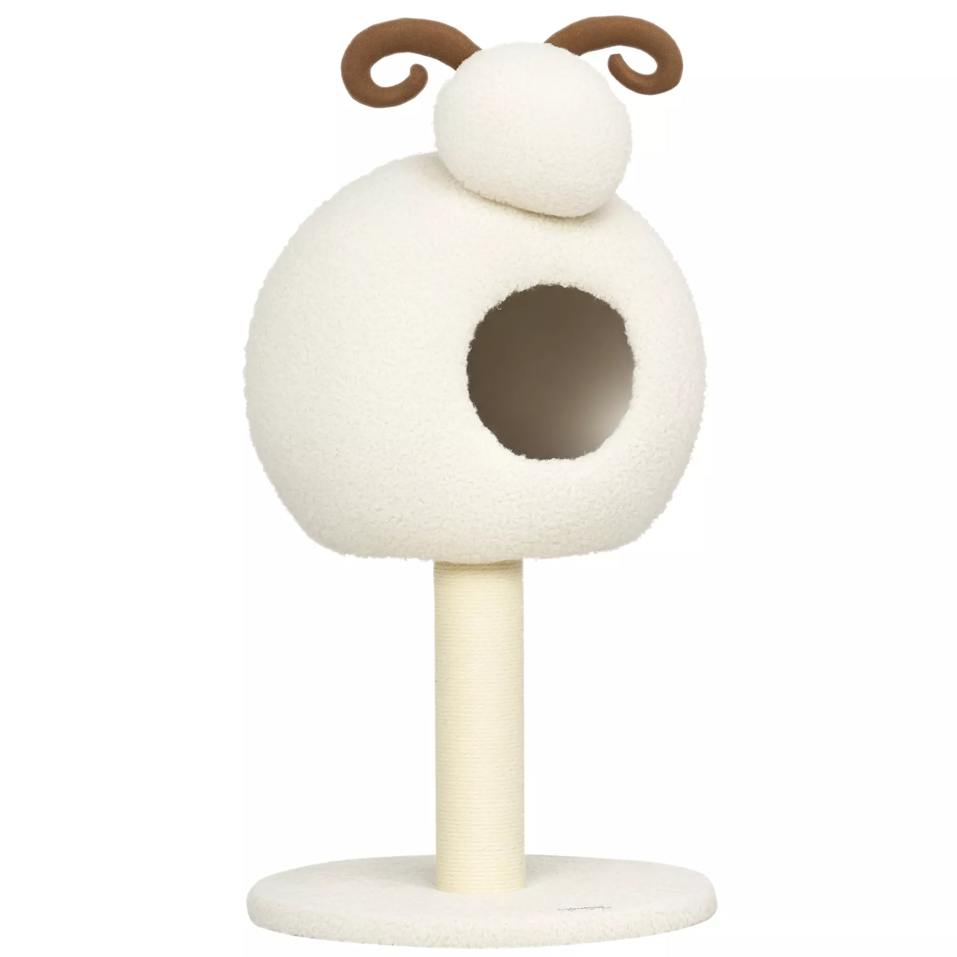 Katės draskyklė, avies dizainas, su katės urveliu ir draskomuoju stulpu, skalbiama pagalvėlė, kreminė balta + ruda