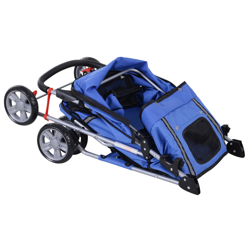 Salokāmi suņu ratiņi līdz 10 kg, ar regulējamu jumtiņu, 2 krūzīšu turētājiem un apakšējo trauku, zili