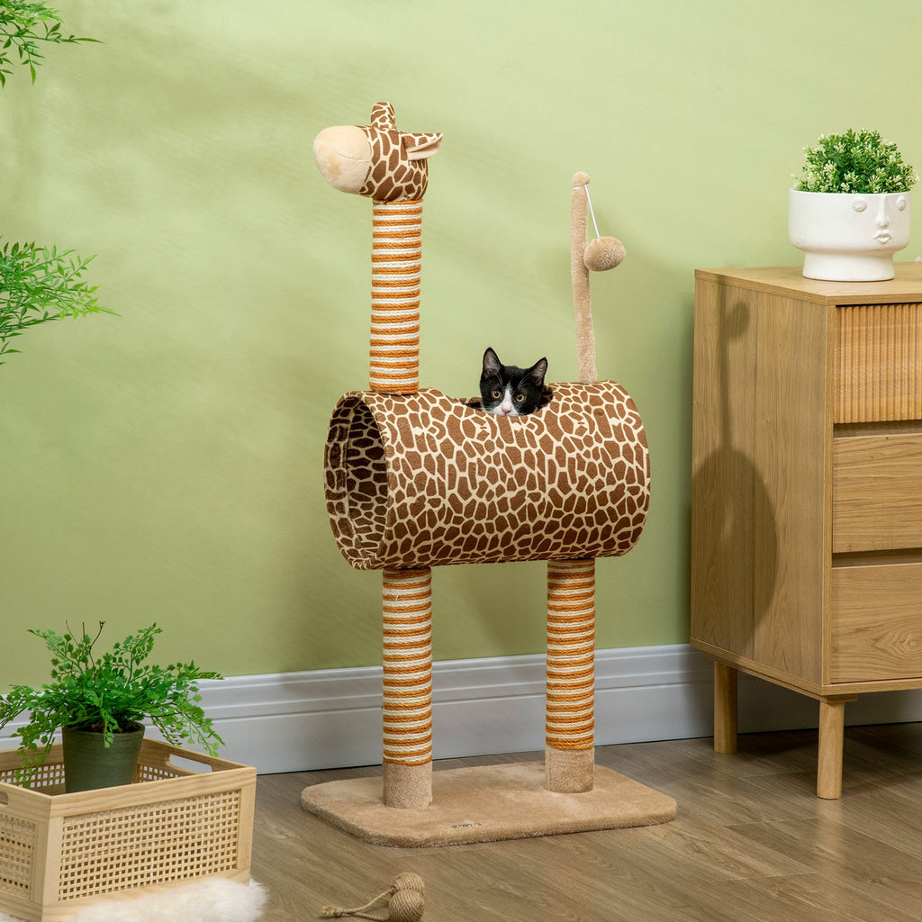 Draskyklė 101 cm žirafos formos su tuneliu, žaislu ir džiuto stulpais, katėms iki 5 kg, smėlio spalvos